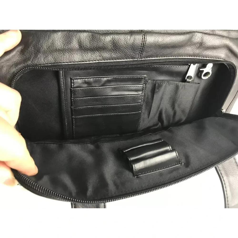 Ili Unisex Black Leather Inner Zip Pockets Top Handle Briefcase Document‎ Case